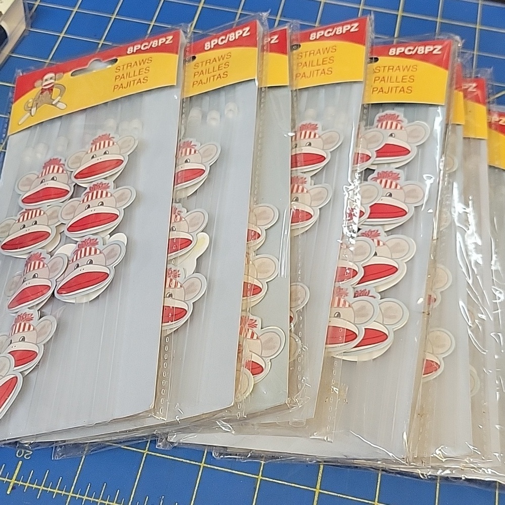 Sock Monkey Party Straws Lot of 9 Packs (8 Per Pack) New Sealed